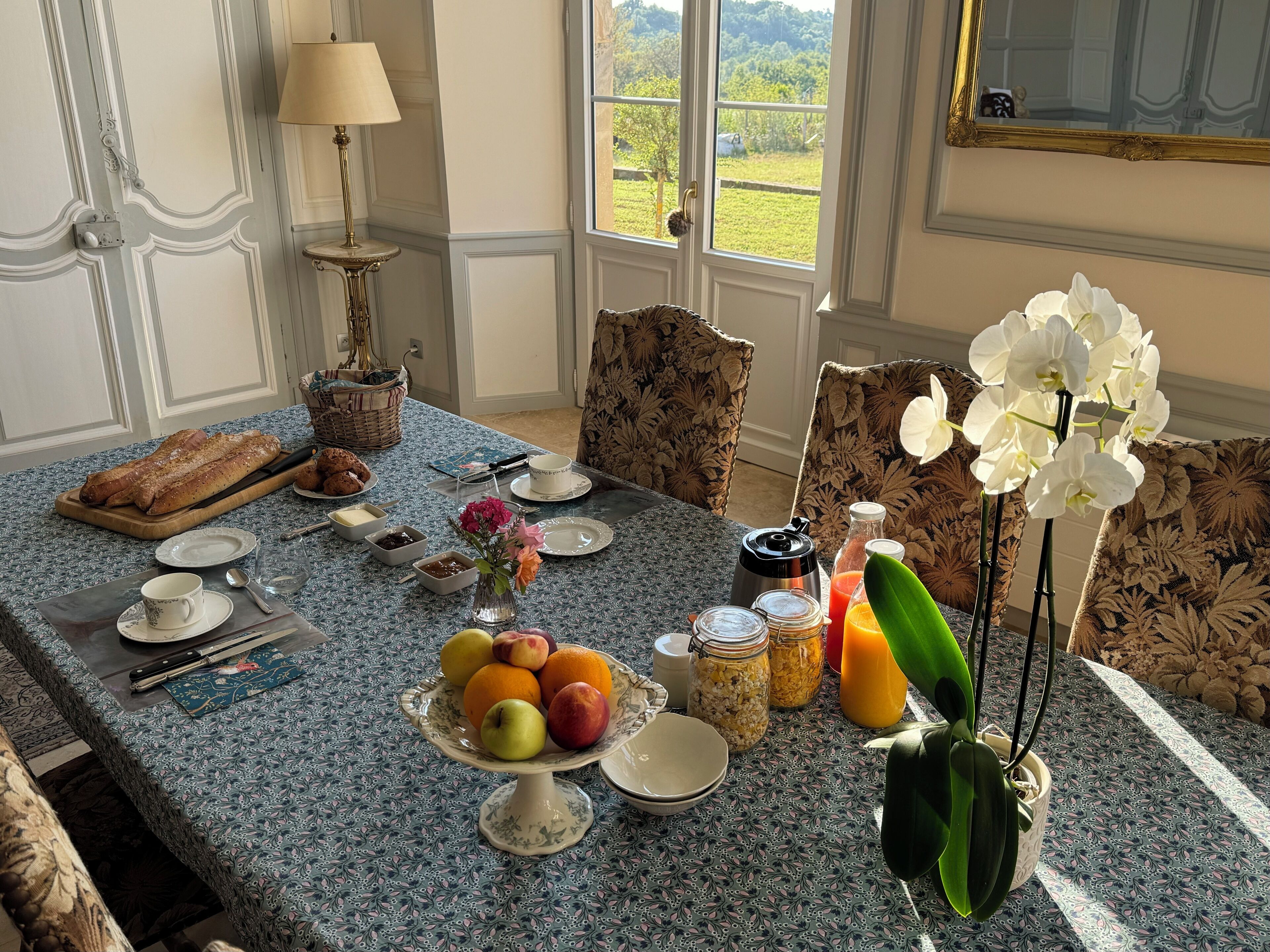 Een ontbijttafel gedekt met fruit, gebak en drankjes, met uitzicht op groen.