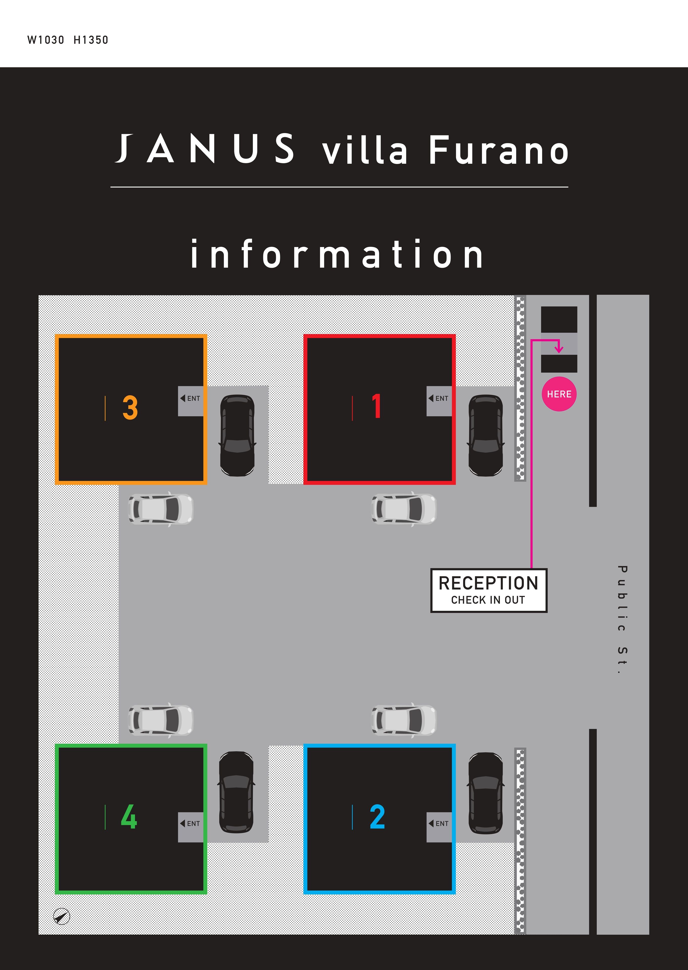 A parking layout with numbered parking spaces and a reception area.