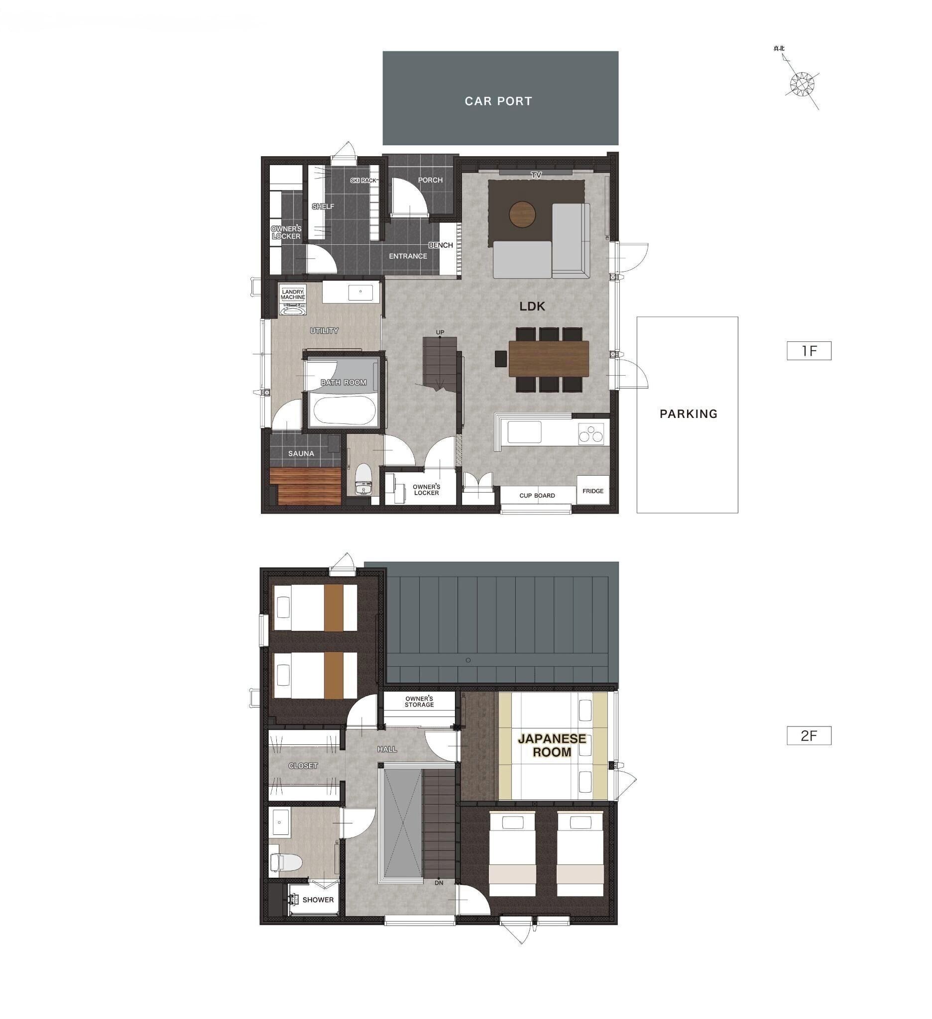 A floor plan of a hotel with a car port, parking, a utility room, a bathroom, a sauna, a lounge area, a TV room, a dining area, a Japanese room, a storage room, a closet, and a shower.