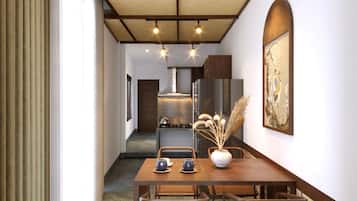 Fridge, microwave, stovetop, cookware/dishes/utensils