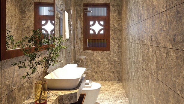 A modern bathroom with a freestanding bathtub, a toilet, and a large mirror. - Villa de May Hoi An (Thanh pho Hoi An)