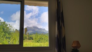A room with a window offering a view of a mountain and lush greenery. - L'Hacienda (Saint-Pierre)