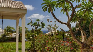 A covered outdoor area with a tiled roof, surrounded by lush greenery and flowering plants. - L'Hacienda (Saint-Pierre)
