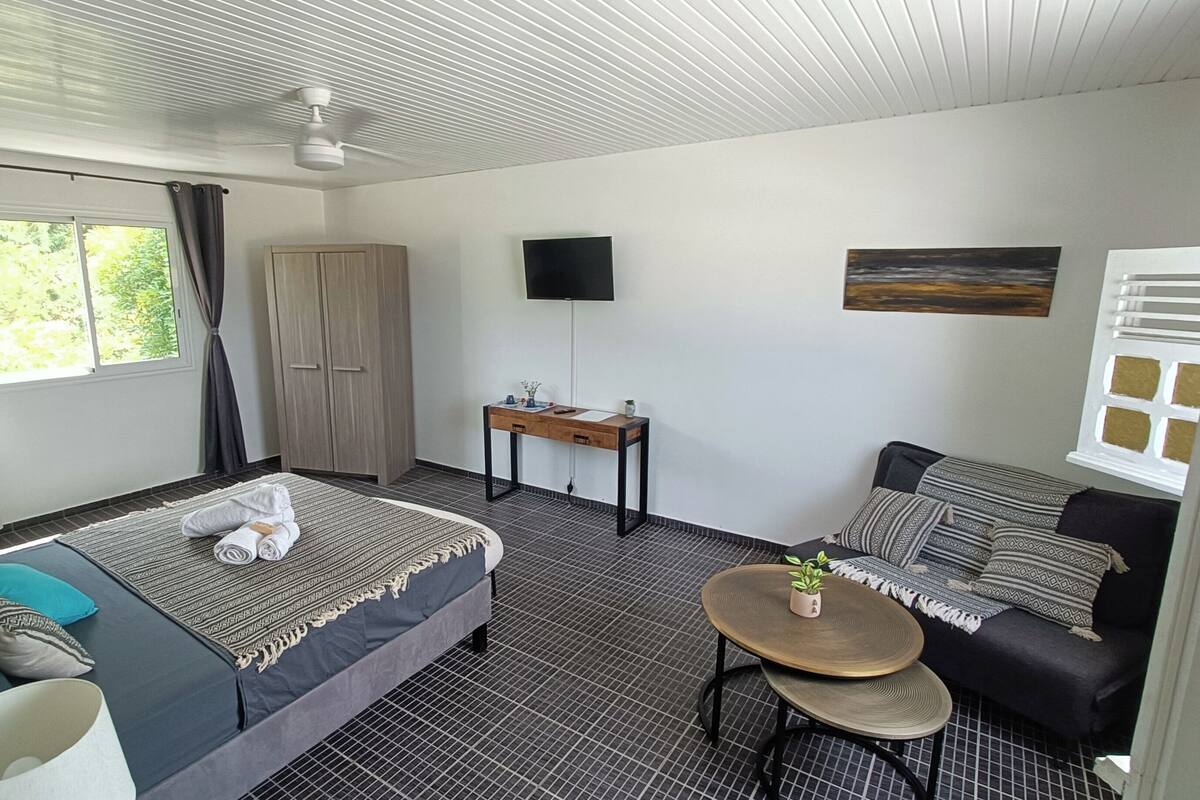 Quarto de hotel com uma cama, um sofá, uma mesinha, uma televisão e uma janela com cortinas.