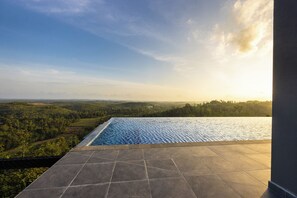 A rooftop infinity pool with a view of a forested landscape and a clear sky.
