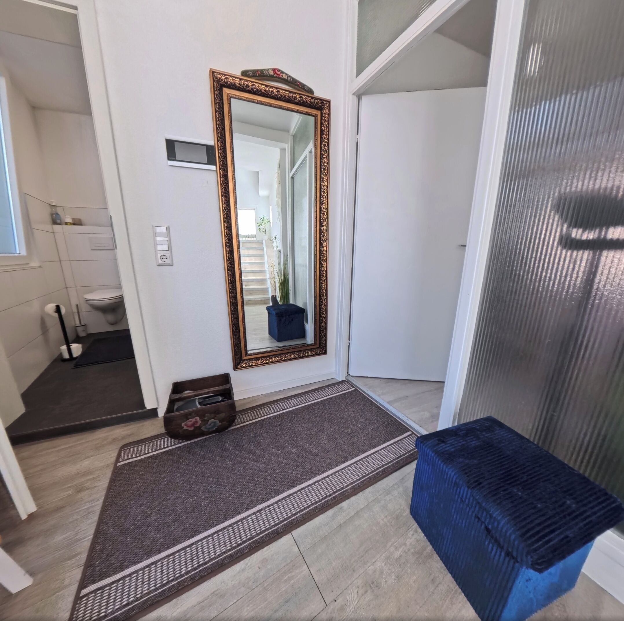 Hair dryer, towels, soap, toilet paper