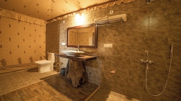 Tent, Garden View | Bathroom | Shower, slippers, towels, soap