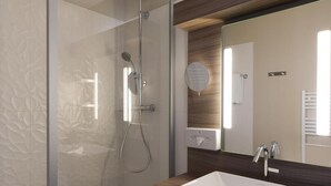 A modern bathroom with a glass shower enclosure, a wooden vanity, and a large mirror. - LOGIS HOTEL LE PARC DE GEOFFROY (Thiers)