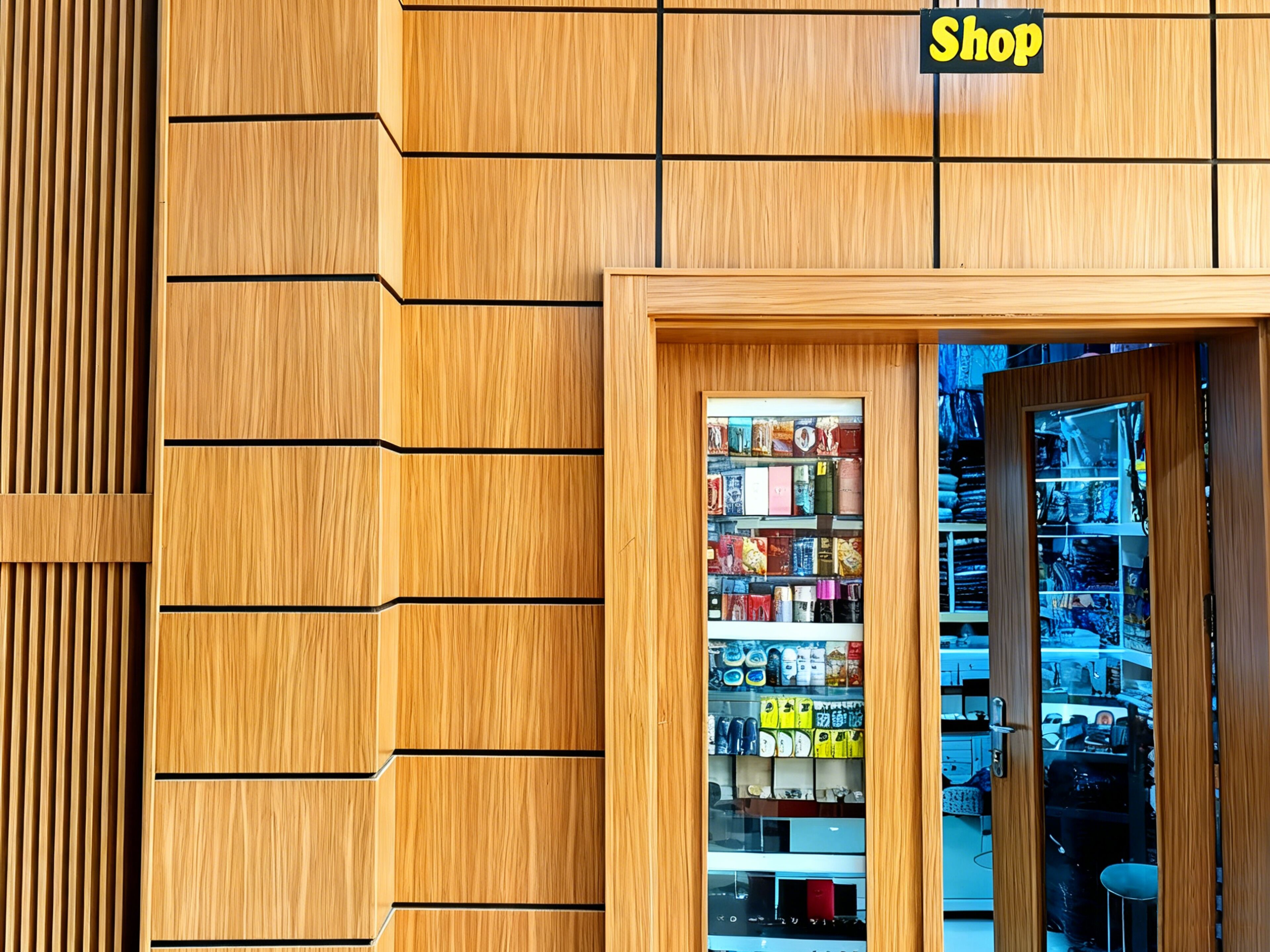 Un escaparate de madera con un expositor de vidrio y un letrero que dice "Shop".