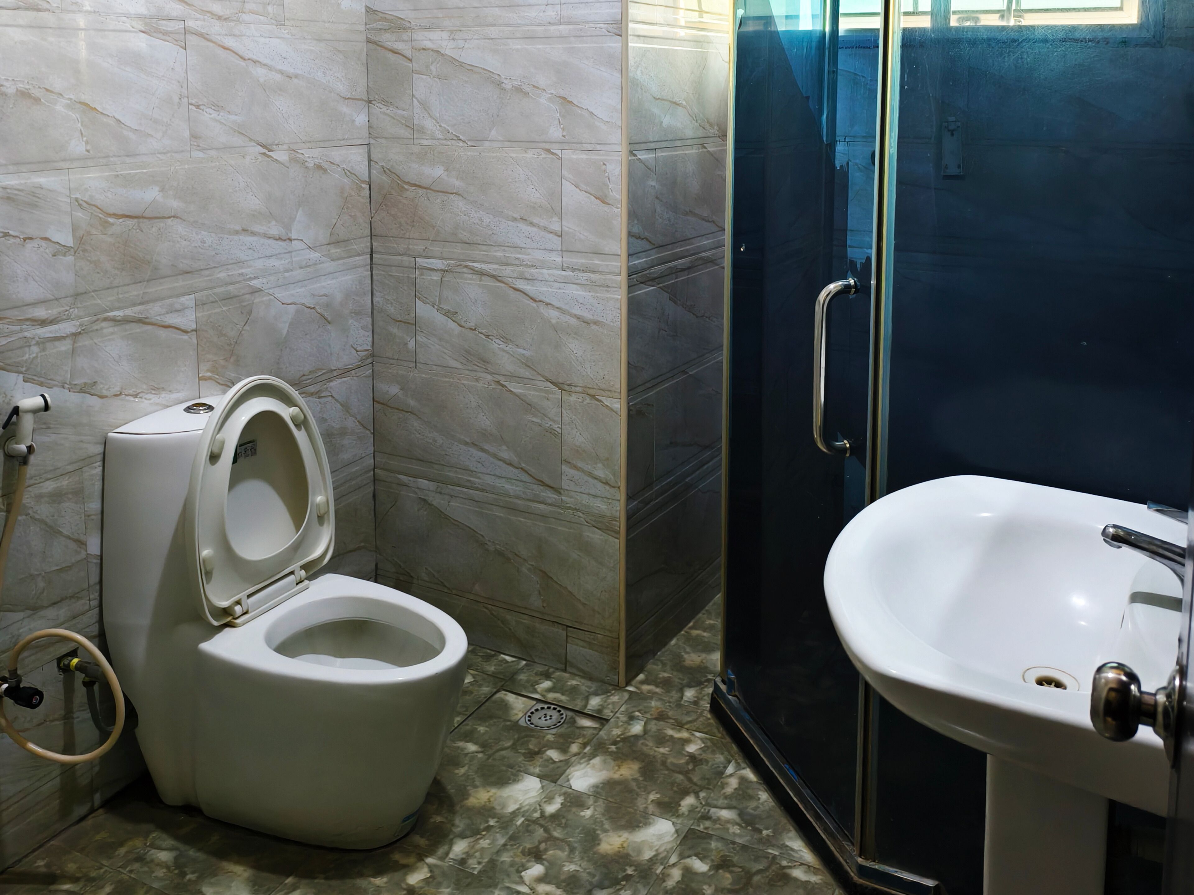 A bathroom with a toilet, a sink, and a glass shower enclosure.