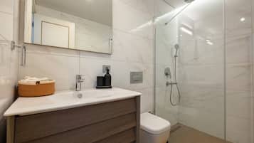 Shower, hair dryer, bidet, towels