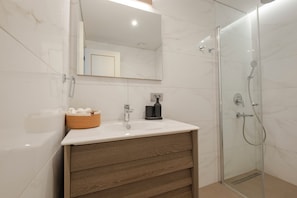 Shower, hair dryer, bidet, towels