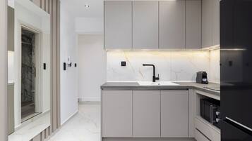 Superior Studio, City View | Private kitchen | Full-size fridge, microwave, stovetop, dishwasher