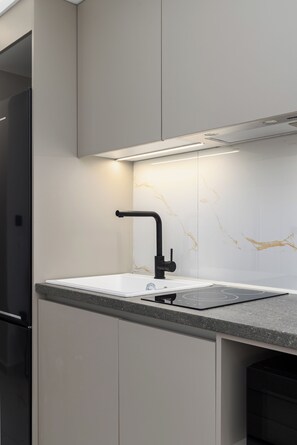 Estudio superior, vistas a la ciudad | Cocina privada | Frigorífico grande, microondas, placa de cocina y lavavajillas