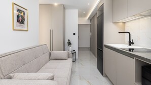Una cocina moderna con estufa integrada, un lavamanos y una encimera. En la zona de estar contigua hay un sofá.