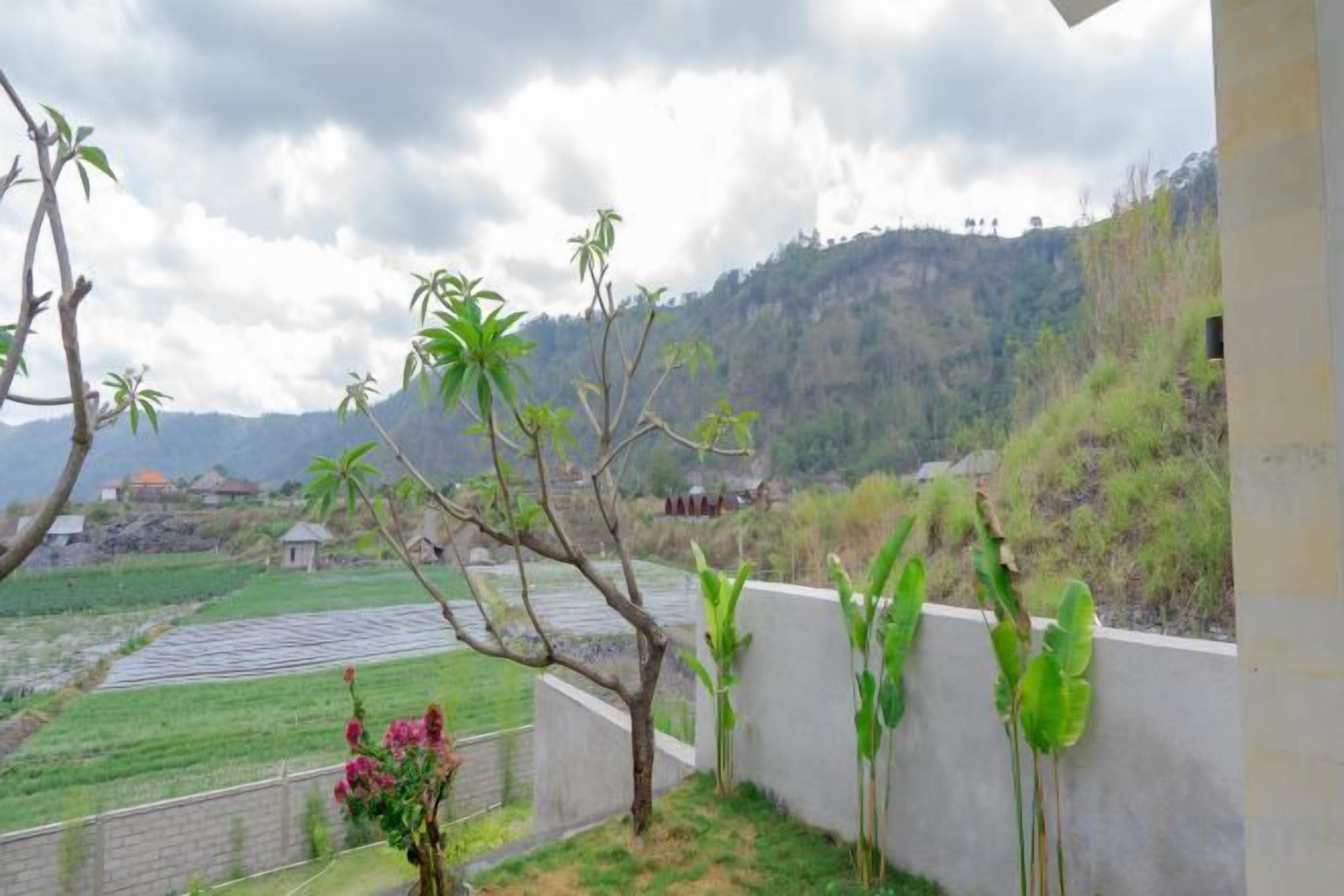 A view of a rural landscape with a concrete wall, a small structure, and a field.