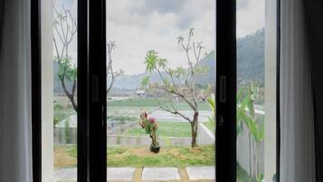 A view through a glass door with a potted plant and a small garden area.