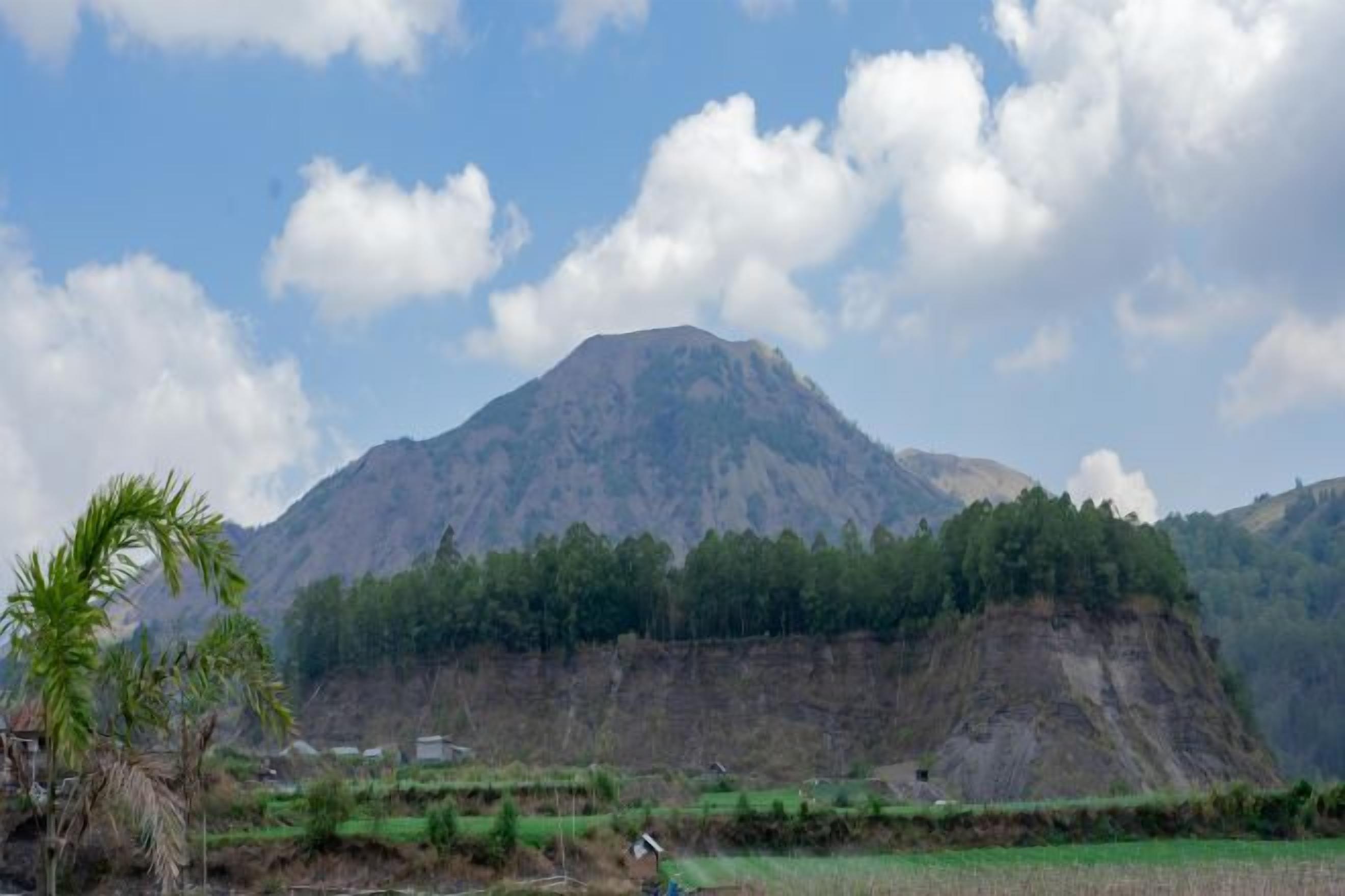 A mountain with a forested peak and a clear sky.