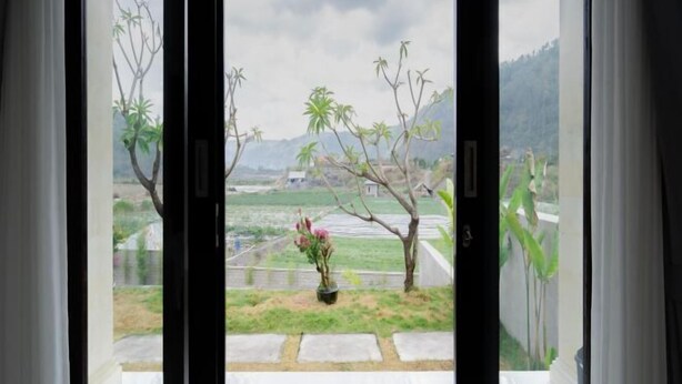 A view through a window with a potted plant on a balcony. - Batur Kencana Villa Mitra RedDoorz (Bali)