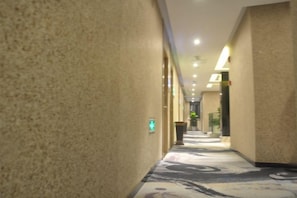 Een hotelgang met een kamerbreed tapijt, muren met een structuur en verlichting in het plafond.