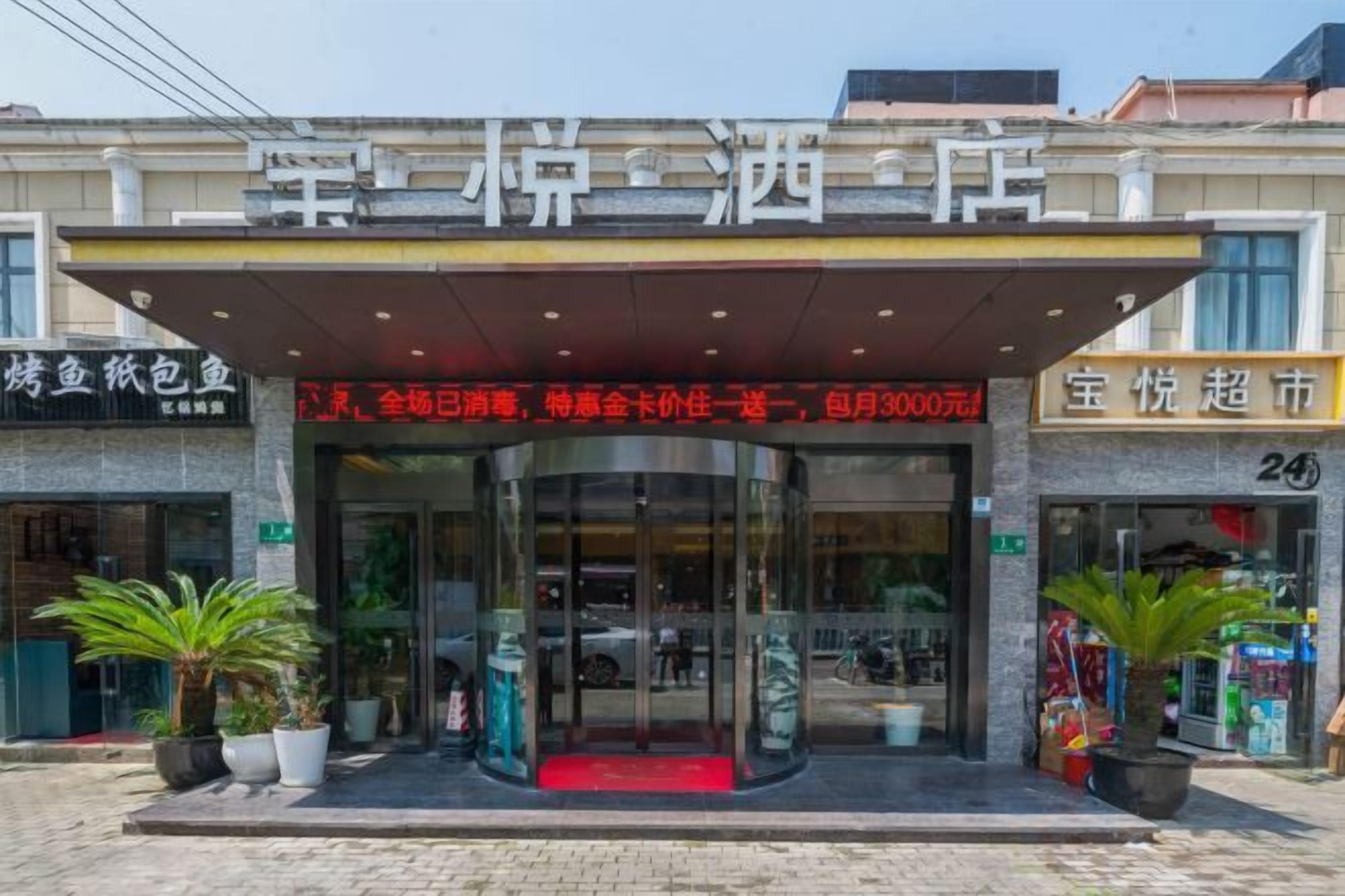 A hotel entrance with a glass door, a red carpet, and potted plants.