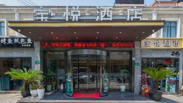 A hotel entrance with a glass door, a red carpet, and potted plants.