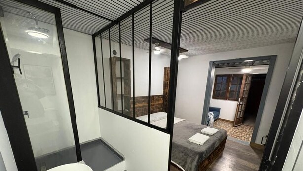 A modern bathroom with a glass shower enclosure, a sink with a mirror, and a bed with a wooden headboard. - Zébulon (Saint-Pierre)