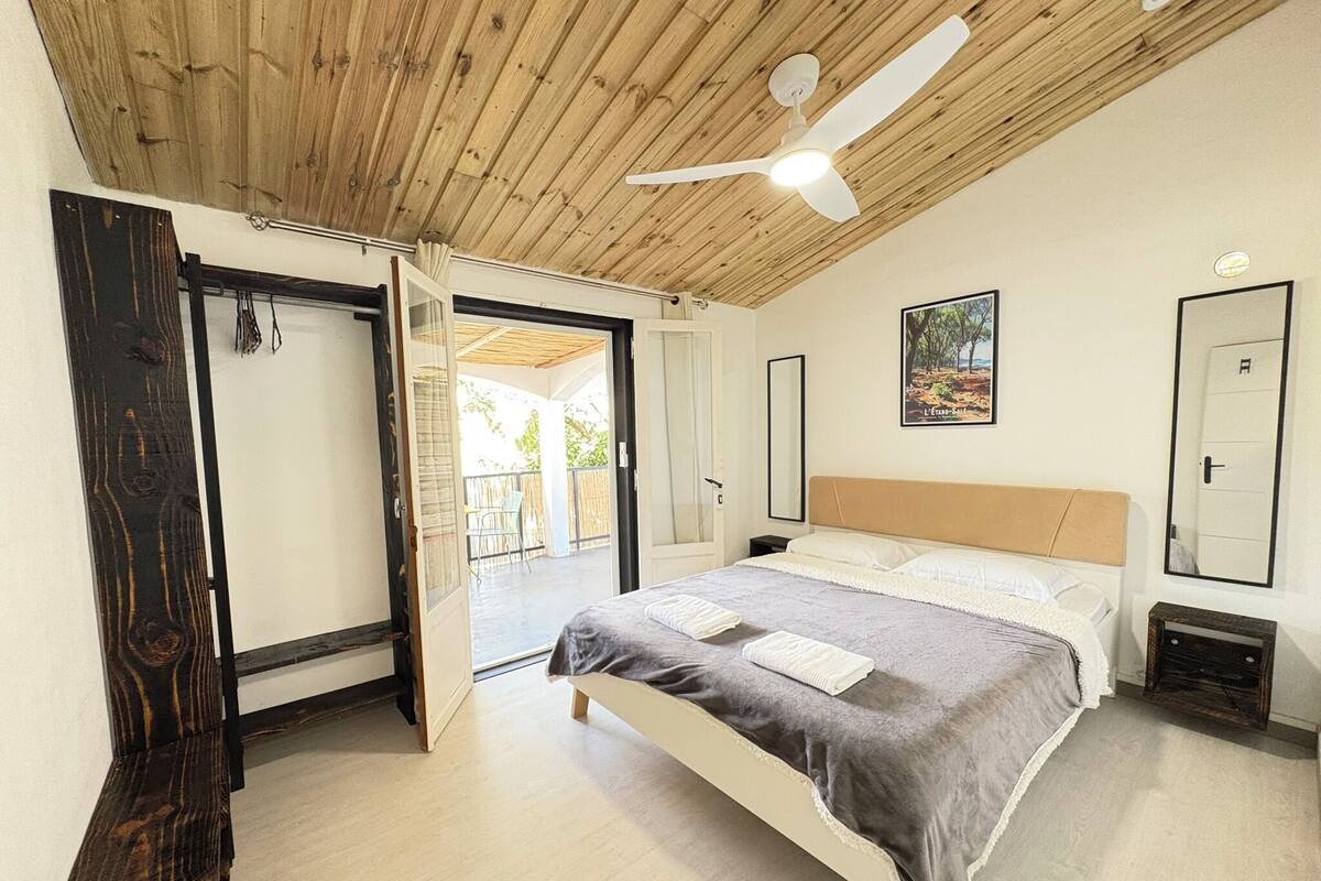 A bedroom with a bed, a ceiling fan, a door leading to an outdoor area, and a framed picture on the wall.