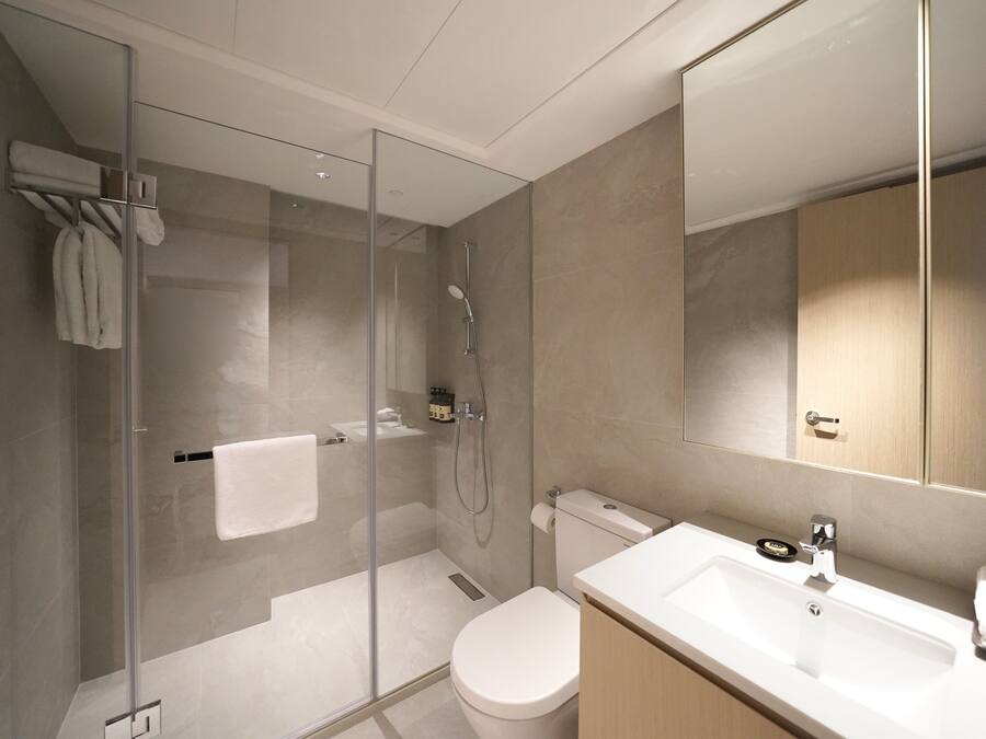 Un baño moderno con cabina de ducha de vidrio, inodoro y lavamanos con espejo.