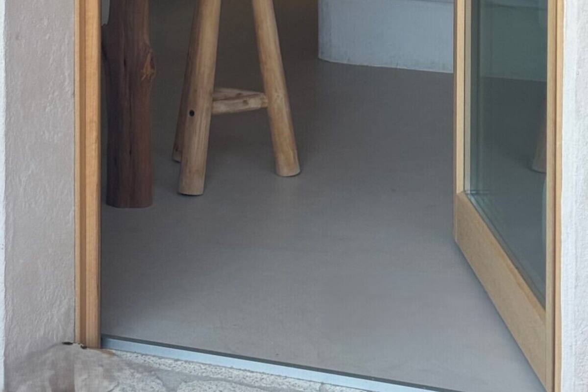 A narrow hallway with a wooden ladder leading to a lofted bed area. A small stool is placed near the entrance.