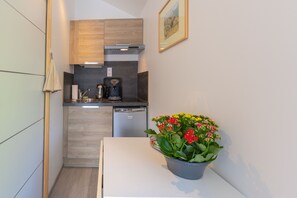 KĂŒhlschrank, Mikrowelle, Herdplatte, Wasserkocher mit Kaffee-/Teezubehör