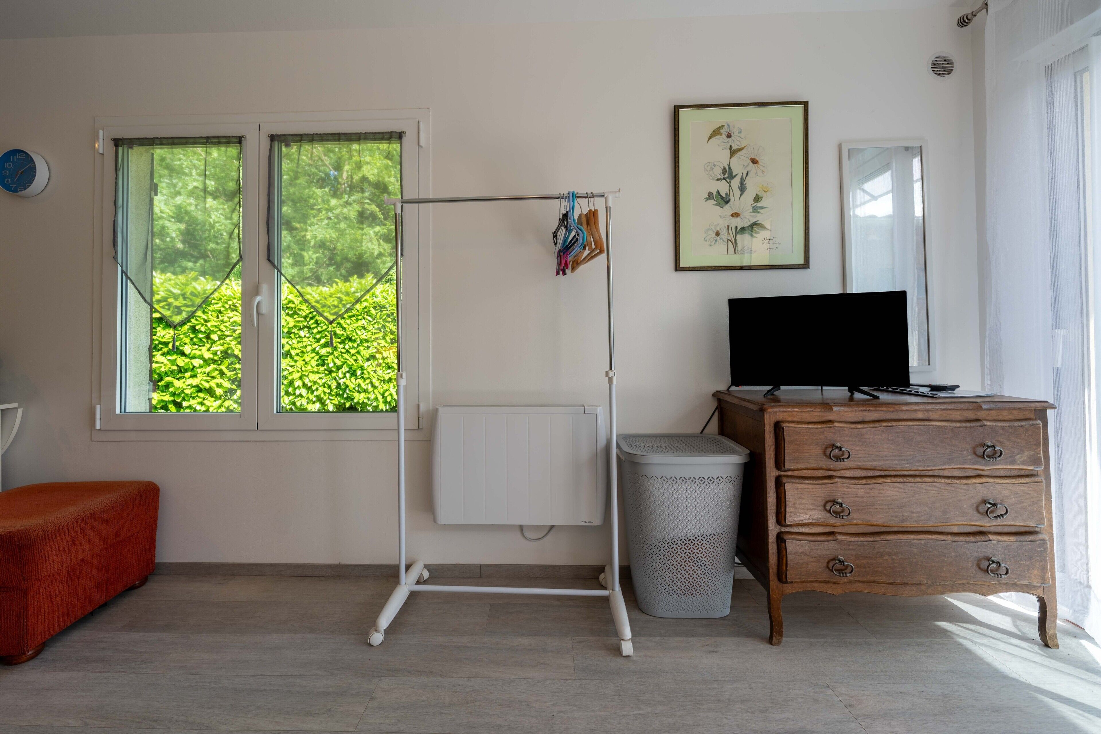 A room with a radiator, a television on a dresser, a window with a view of greenery, a framed picture on the wall, and a trash bin.