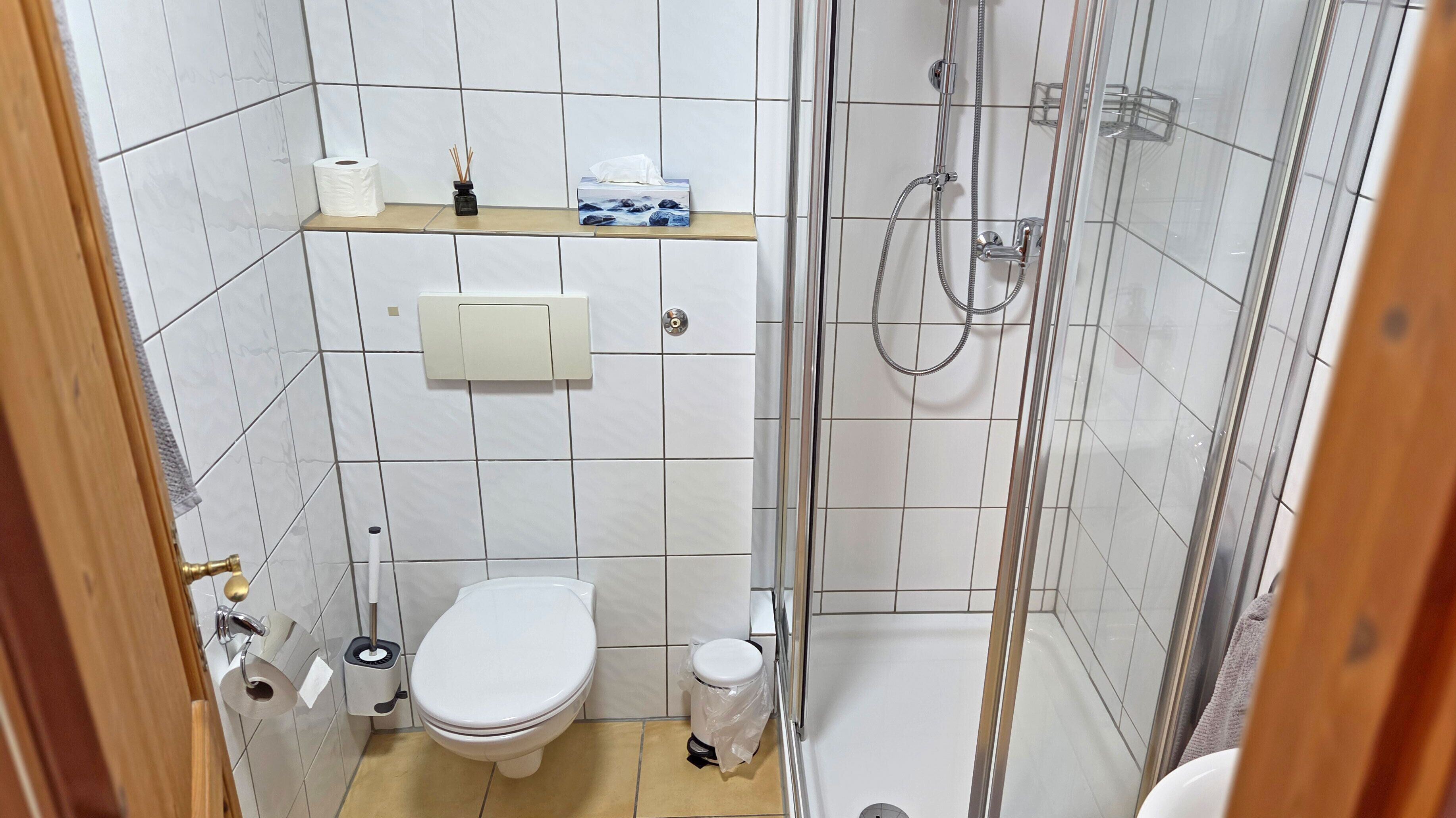 Ducha, toallas, jabón y papel higiénico