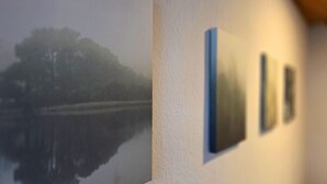 Un muro con un quadro incorniciato di un paesaggio e una targa blu.