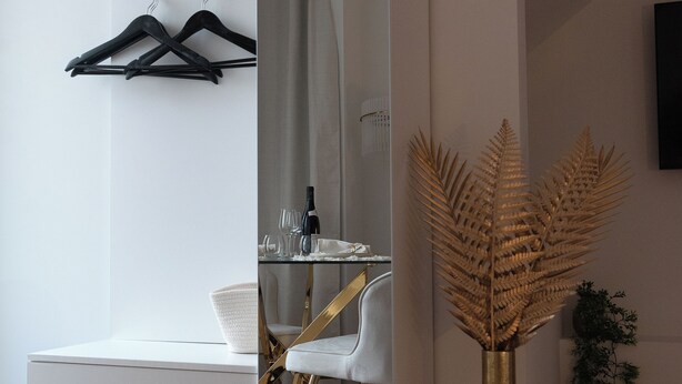 A modern room with a white wardrobe, a glass dining table with chairs, and a decorative plant in a tall vase. - Les Nuits en Grands Crus Cosy apartment near Beaune, in the heart of the vineyards  (Ladoix-Serrigny)