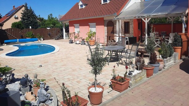 Un jardin avec une piscine, des meubles de patio et des plantes en pot.