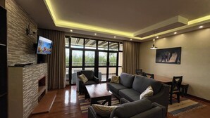 Ein modernes Wohnzimmer mit Kamin, Fernseher und großem Fenster.