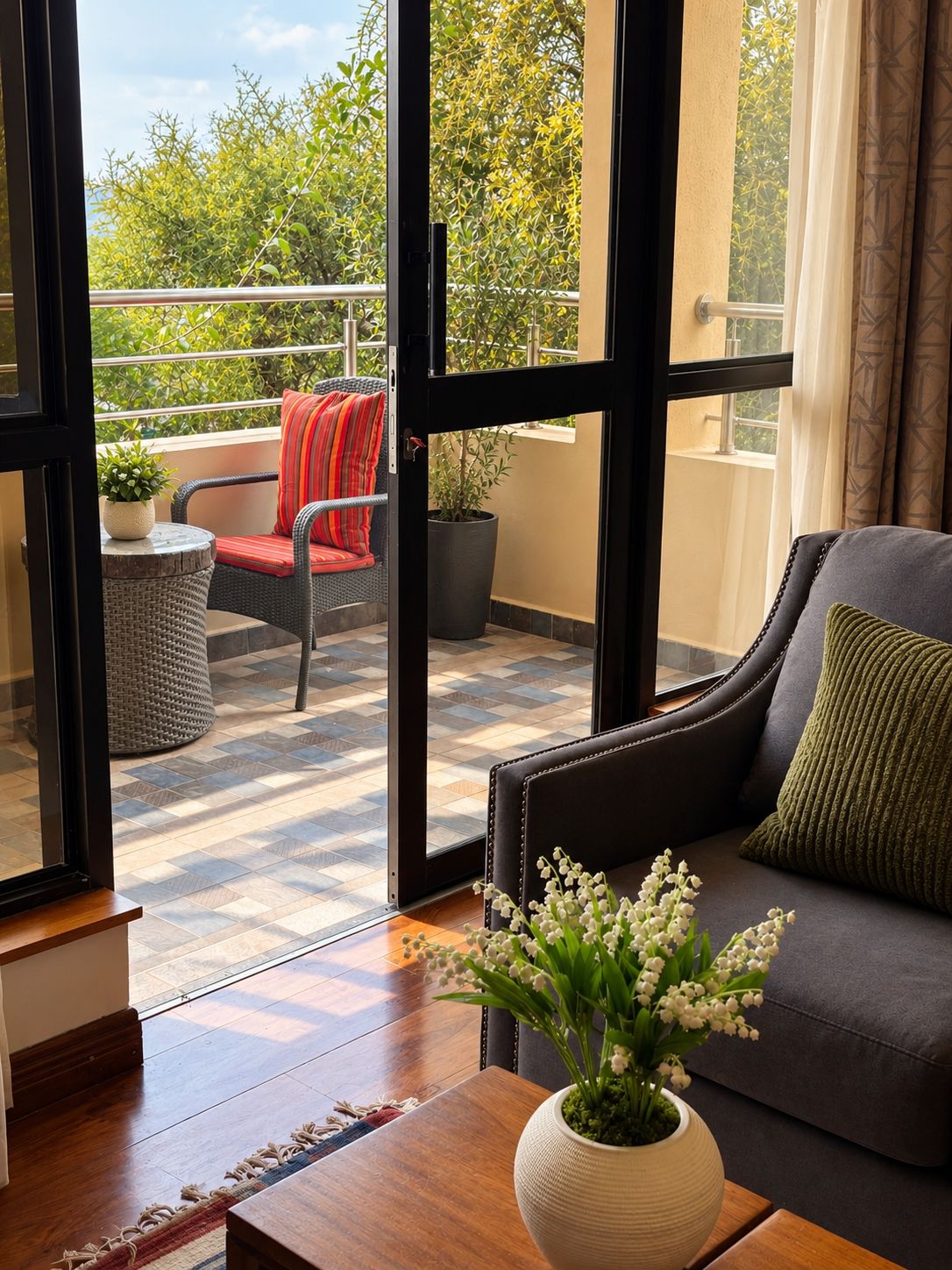 A modern living room with a sofa, a coffee table with a vase of flowers, a balcony with a chair and potted plants.