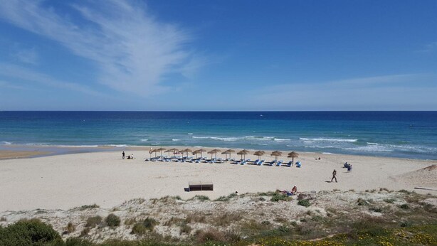 Une plage avec des transats et des parasols, un rivage sablonneux et l’océan.