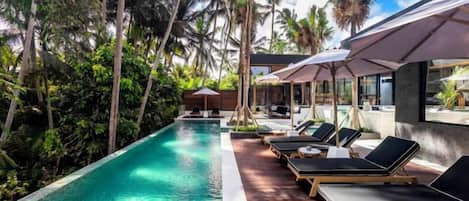 An infinity pool with lounge chairs and umbrellas, surrounded by palm trees and greenery.