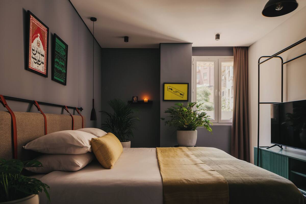 Ein modernes Schlafzimmer mit einem Bett, Topfpflanzen, einem Fernseher und Kunstwerken an den Wänden.