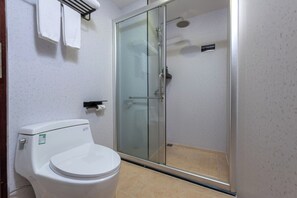 Dusche, Haartrockner, Hausschuhe, Handtücher