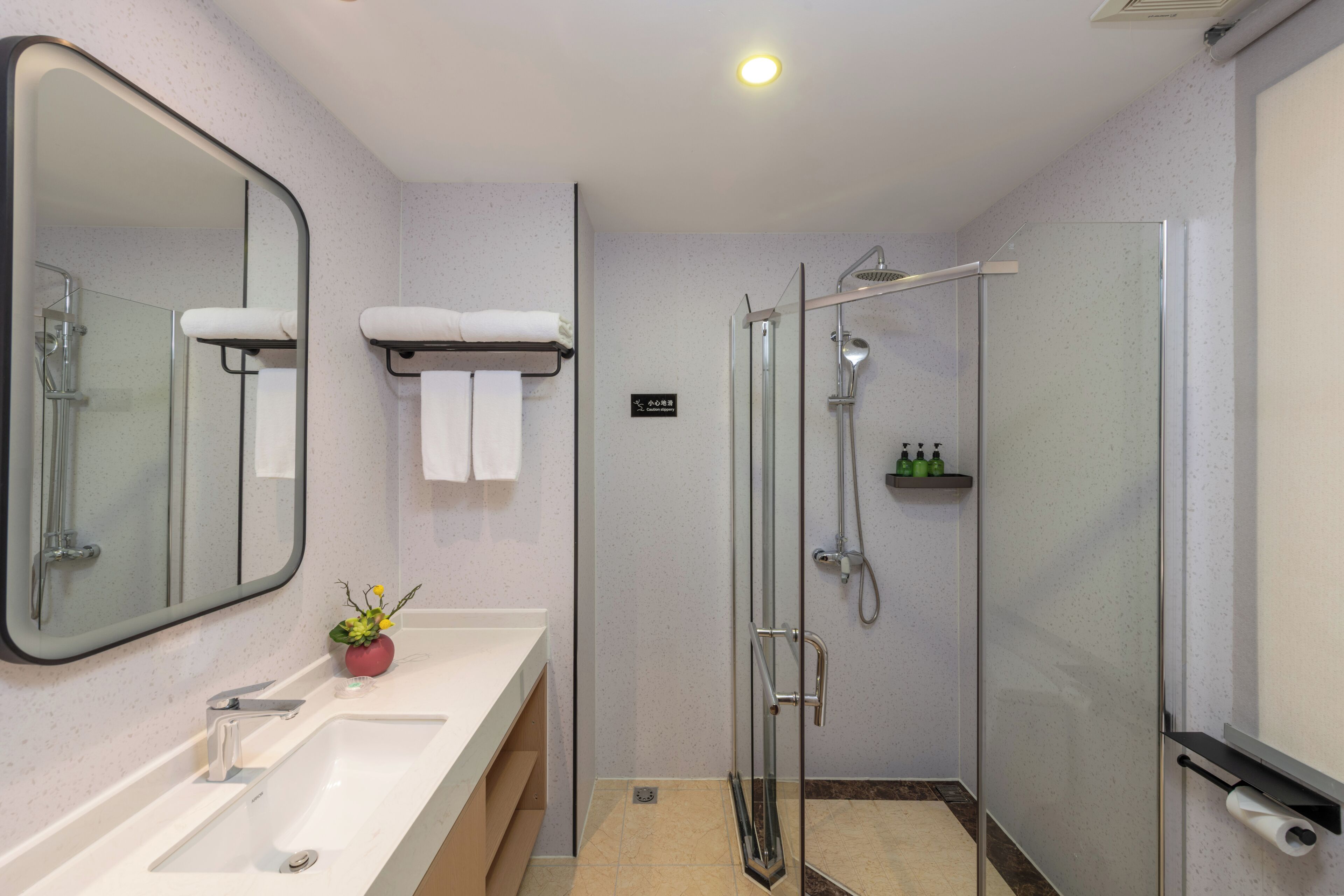 Shower, hair dryer, slippers, towels