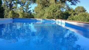 Ein klares, blaues Schwimmbecken mit einer gefliesten Kante, umgeben von Bäumen und einem wolkenlosen Himmel.