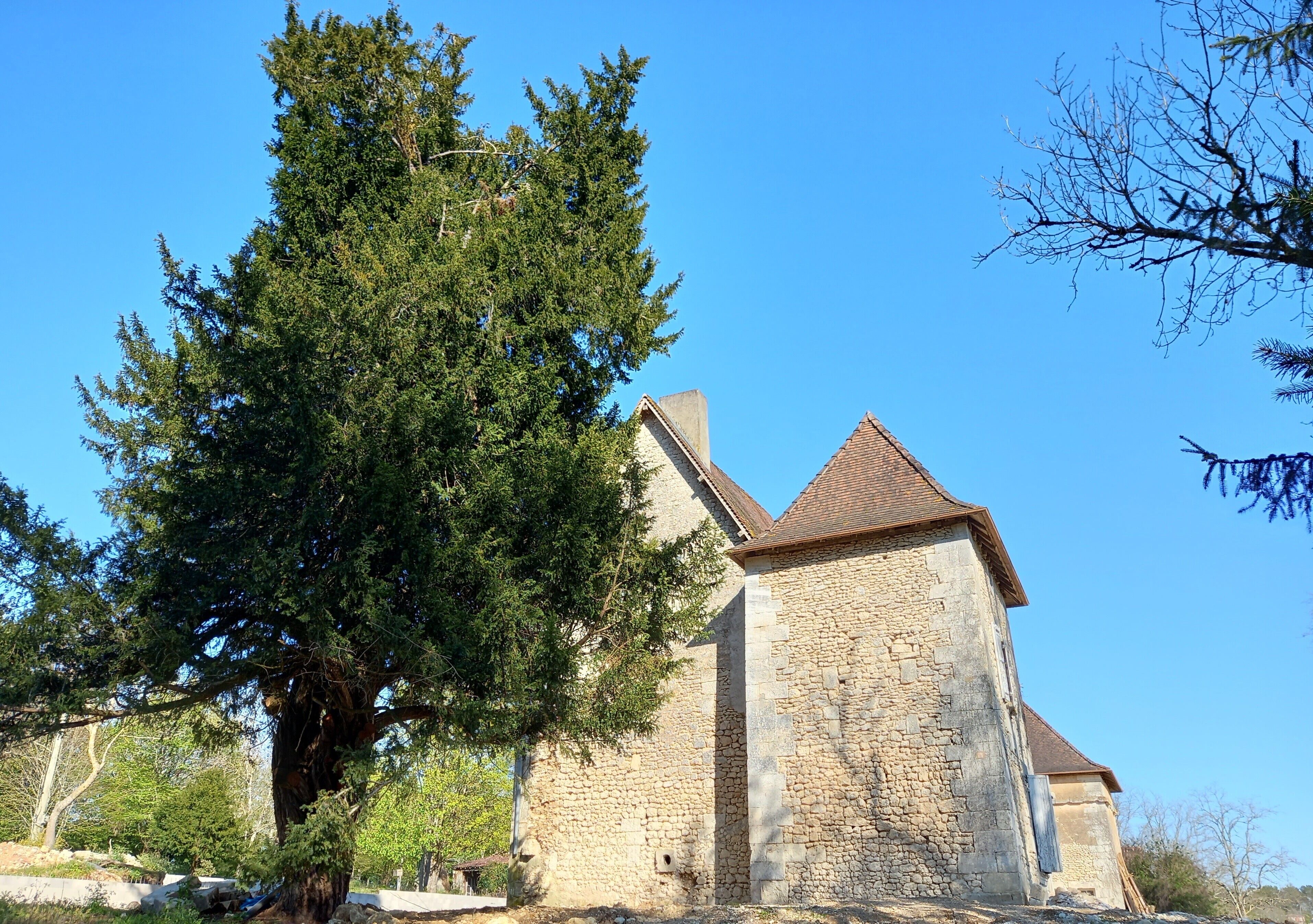 Un edificio de piedra con techo triangular, rodeado de árboles.