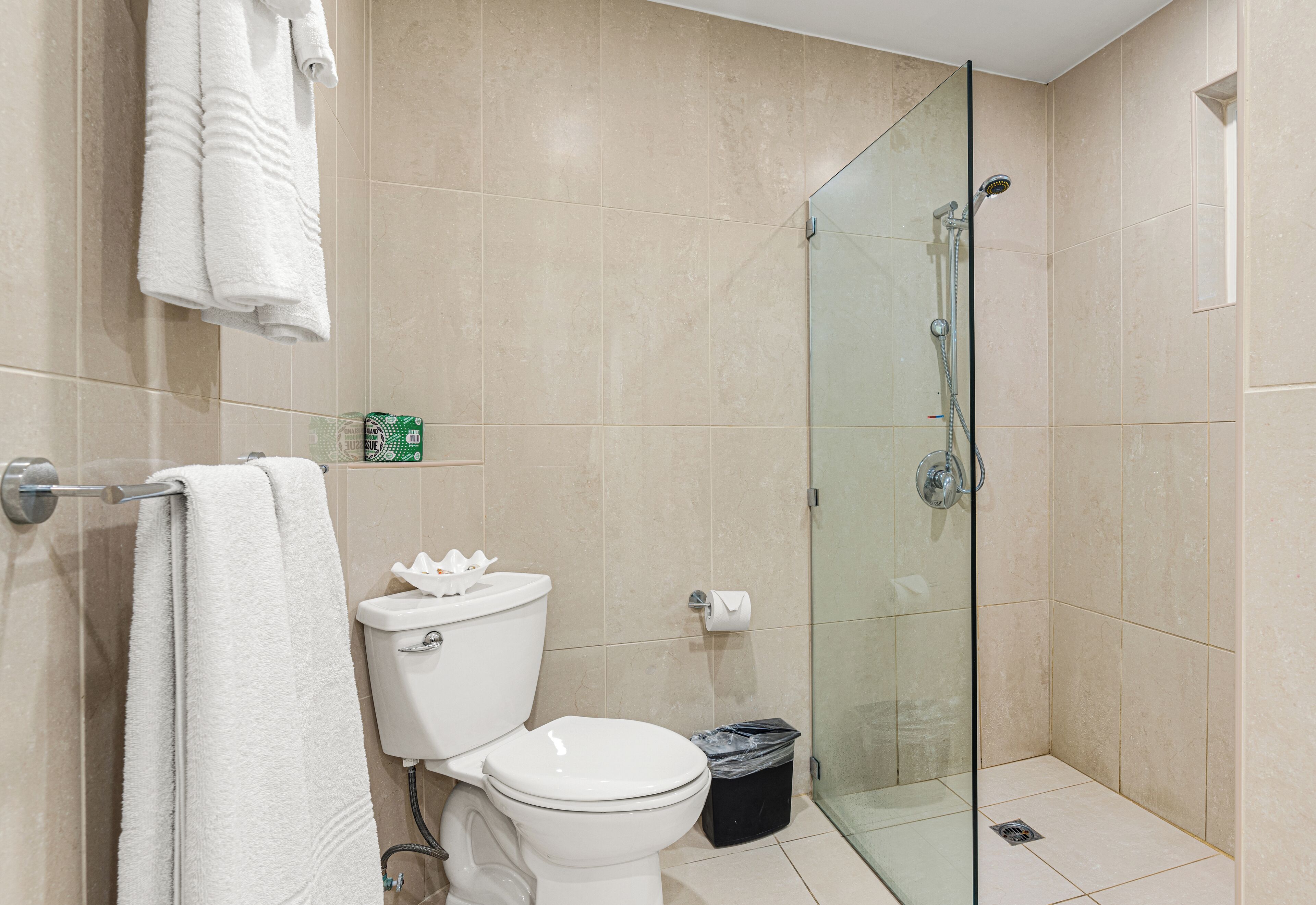 Un baño con inodoro, cabina de ducha de vidrio y un perchero para toallas.