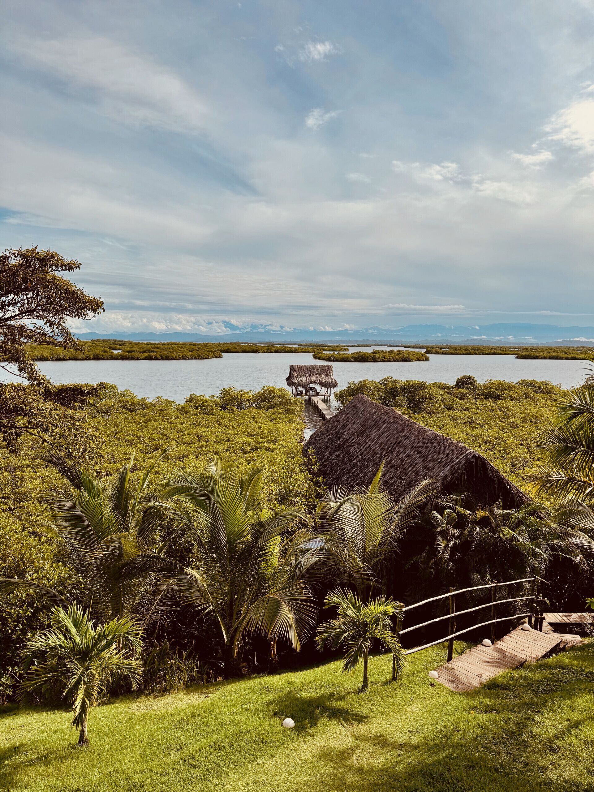 Un paisaje exuberante con una estructura de techo de paja, un puente de madera y un área con palmeras.