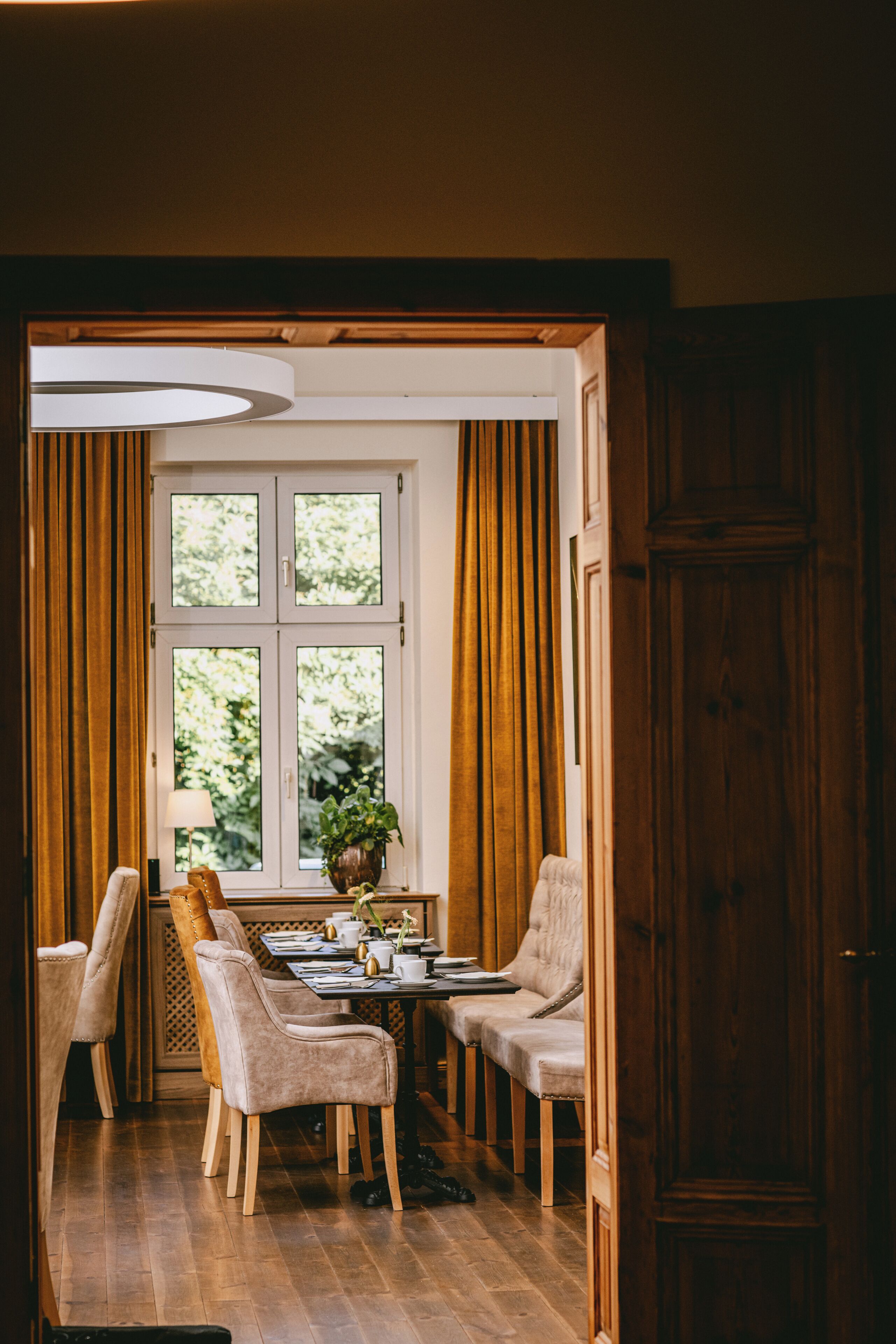 A dining area with a table set for four, surrounded by chairs, a potted plant, and a window with curtains.