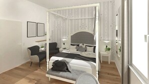 Et soveværelse med himmelseng, et natbord med lampe, en stol og et natbord med en plante.