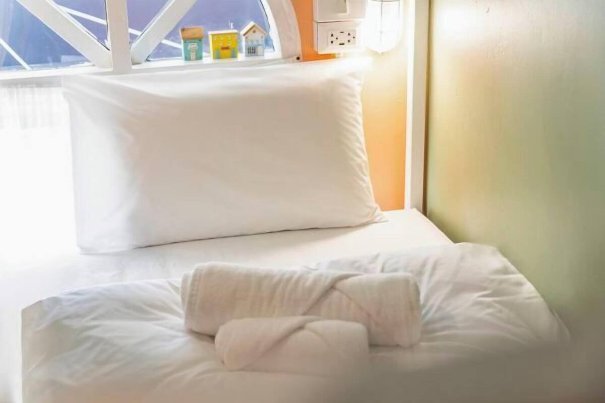 A bed with white bedding, a window with a view, and a wall-mounted power outlet.
